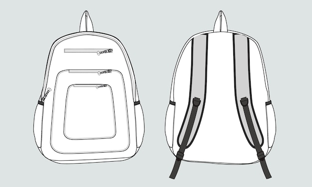 Vector backpack technical flat sketch vector illustration template front and back views