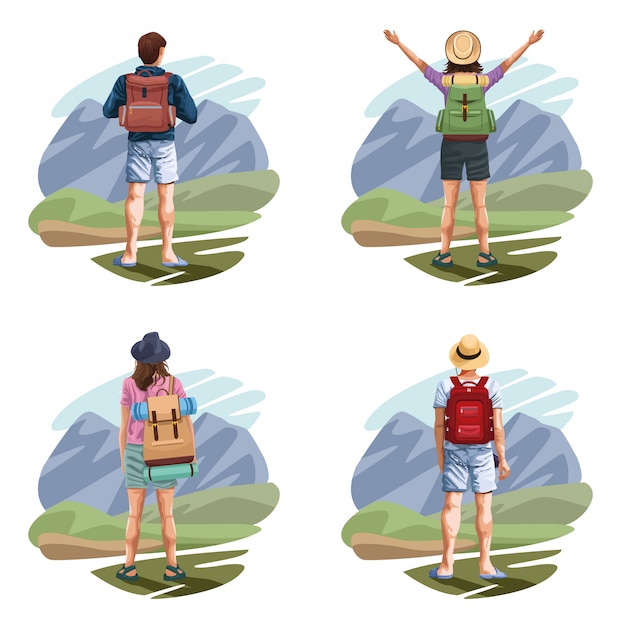 Backpack travelers young tourists cartoon