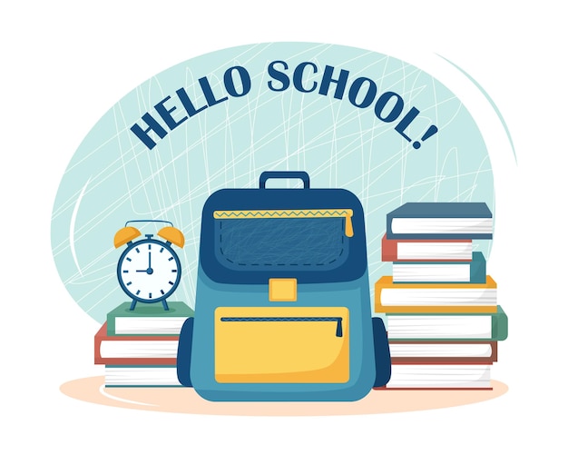 Backpack with books and clock