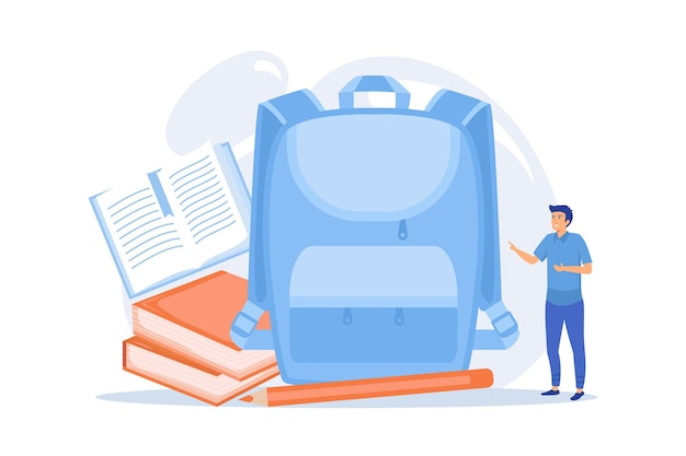 Рюкзак с книгами, тетрадями, карандашом и учеником. назад к школьным принадлежностям и канцелярским принадлежностям,