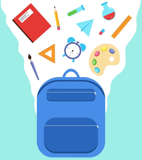Backpack with flying school supplies back to school knowledge day vector illustration green