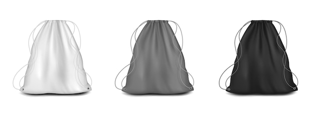 Backpack with strings mockup set vector illustration white grey black drawstring canvas pouch sport ...