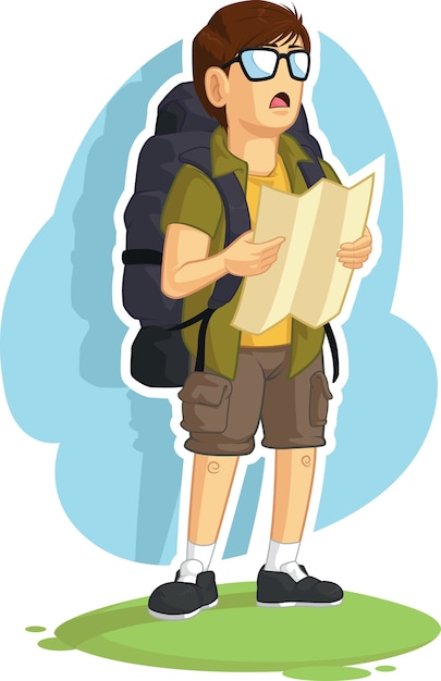 Мальчик-турист, читающий дорожную карту