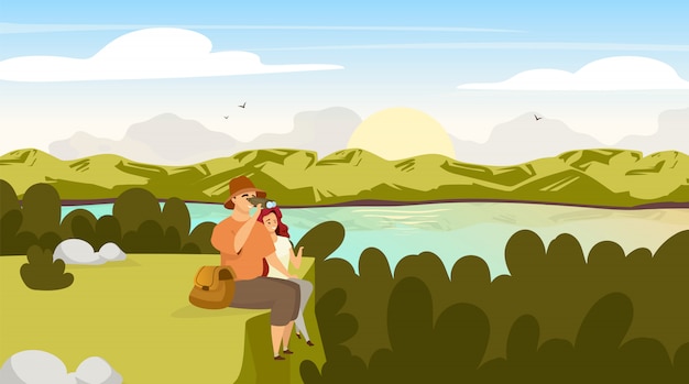 Backpacker couple flat illustration. hikers on green hill. man with binoculars, woman on mountain peak. sunrise on river stream. panoramic landscape scene. tourist group cartoon characters