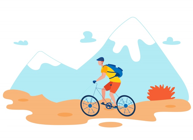 Backpacker riding bicycle flat vector character