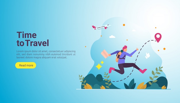 Vector backpacker travel adventure concept. outdoor vacation theme of hiking, climbing and trekking