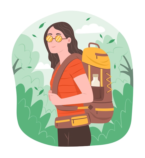 Backpacker Vrouw Wandelen in het bos voor Outdoor Avontuur Recreatie Activiteit Concept Illustratie