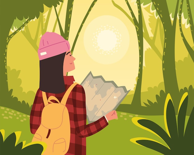 Backpackervrouw met kaart in bos
