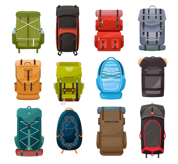 Backpacks, trekking camp back pack travel bags with lacing for tourist equipment, hiking, camping and climbing sport. hiker knapsacks or rucksacks isolated on white background cartoon icons set