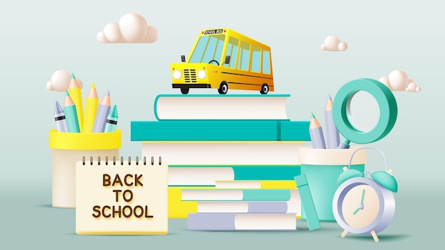 backtoschool scene with books bus and stationery