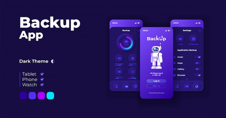 Vector backup application cartoon smartphone interface templates set. mobile app screen page night mode design. cloud storage log in and settings ui for application. phone display with flat character.