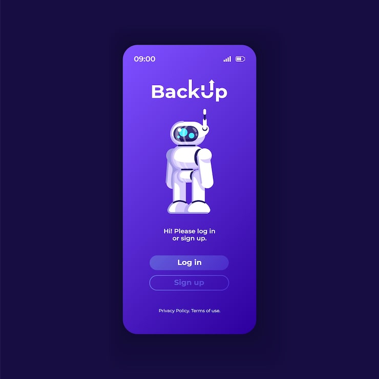 Vector backup application smartphone interface vector template. mobile app page dark design layout. cloud database service screen. flat ui for application. log in and sign up options on phone display.