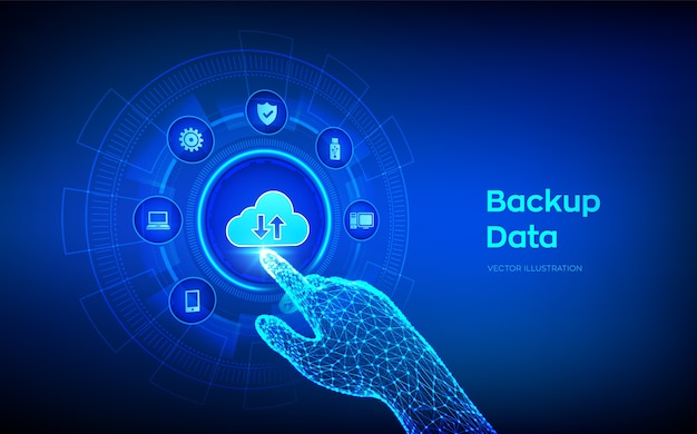 Dati di archiviazione di backup. backup su cloud online dei dati aziendali. mano robotica toccando l'interfaccia digitale.