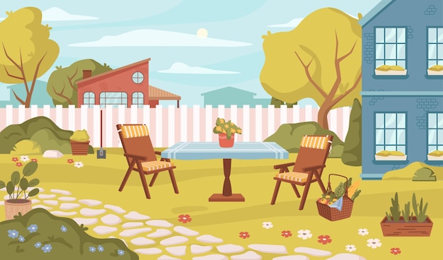 Backyard exterior landscape furniture and trees