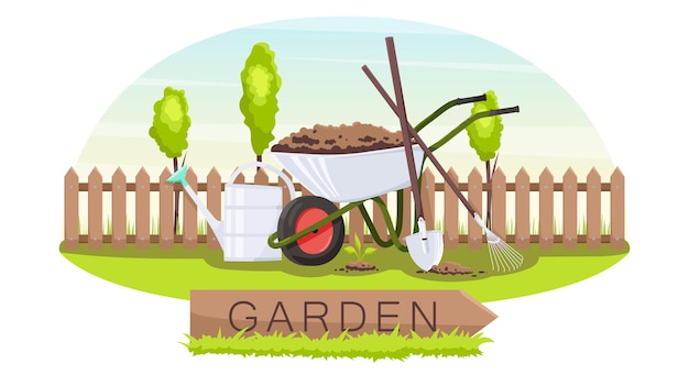 Backyard garden set with cultivated soil shovel and rake watering can and wheelbarrow brown fence and green trees Gardening equipment at lawn isolated on white background Vector illustration