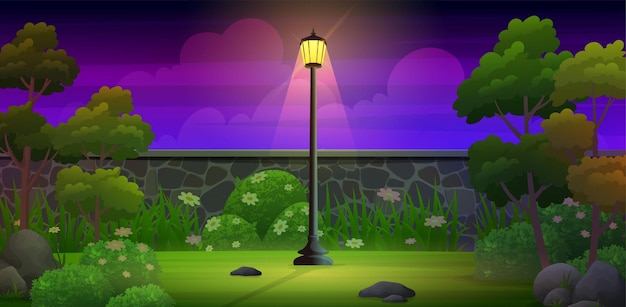 Backyard night with rocky fence, garden lamp, green lawn and trees vector illustration