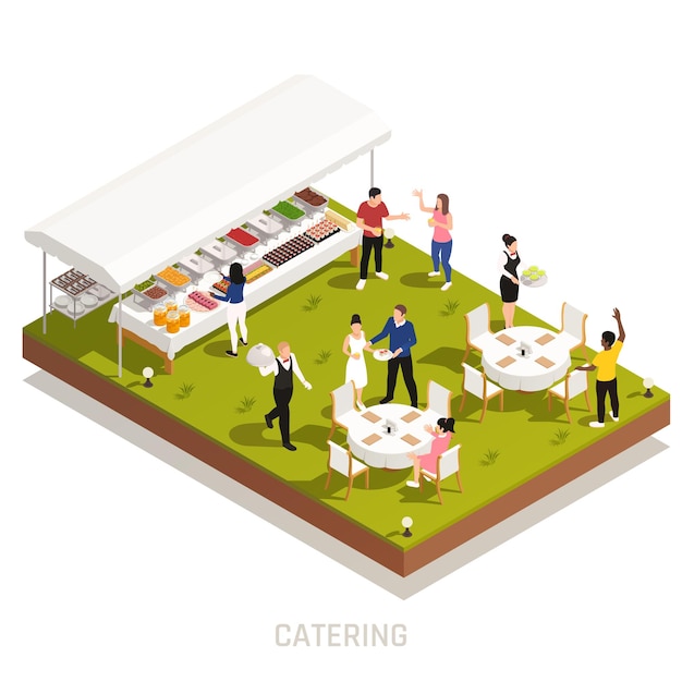 Vector backyard wedding reception catering with outdoor buffet and waiters serving tables on grassy area isometric illustration