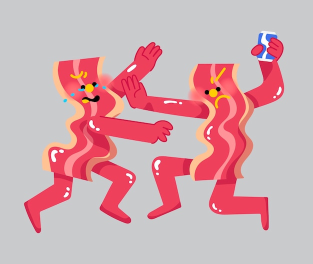 Bacon Character Fighting for A Can of Soda