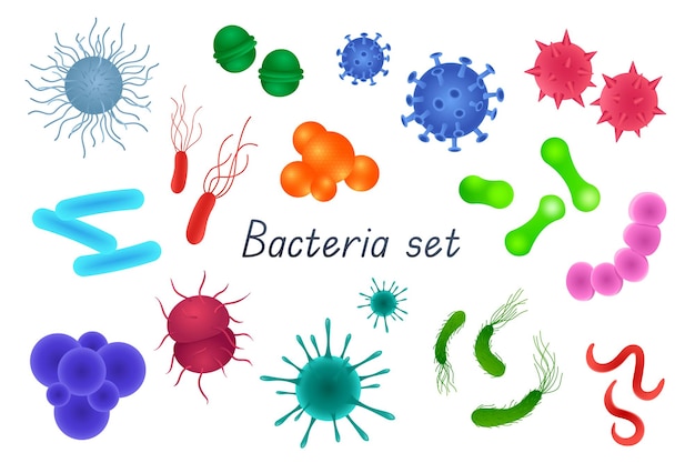 Set realistico 3d di batteri e germi fascio di diversi tipi di microbi