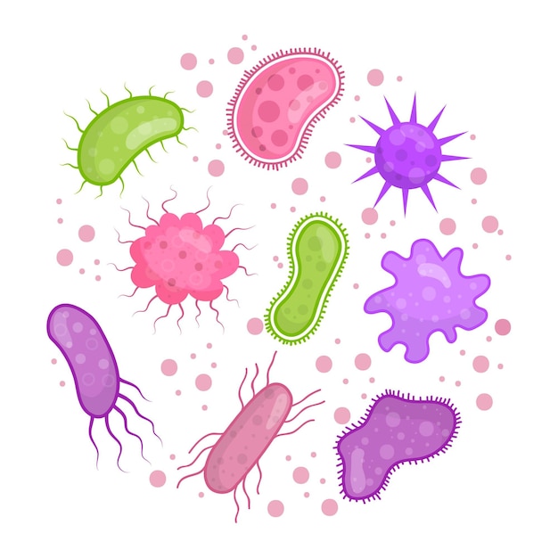 細菌や細菌のカラフルな手描きセット