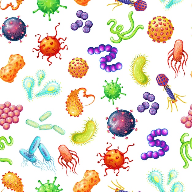 Batteri e virus senza cuciture, illustrazione vettoriale. sfondo con batteri, virus e microbi che causano malattie. germi, coronavirus, procarioti, batteriofagi, epatovirus patogeno