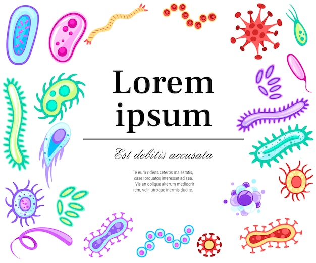 박테리아와 바이러스. 다채로운 미생물 컬렉션. 편평한 박테리아, 바이러스, 곰팡이, 원생 동물. 텍스트에 대 한 장소를 가진 평면 그림입니다. 웹 사이트 또는 광고를위한 컨셉 디자인.