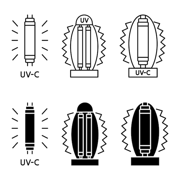 Бактерицидная уф лампа. лампа стерилизатора uv-c. устройство с ультрафиолетом. ультрафиолетовое бактерицидное облучение и стерилизация. очистка поверхностей, процедура медицинской дезактивации. векторные иконки