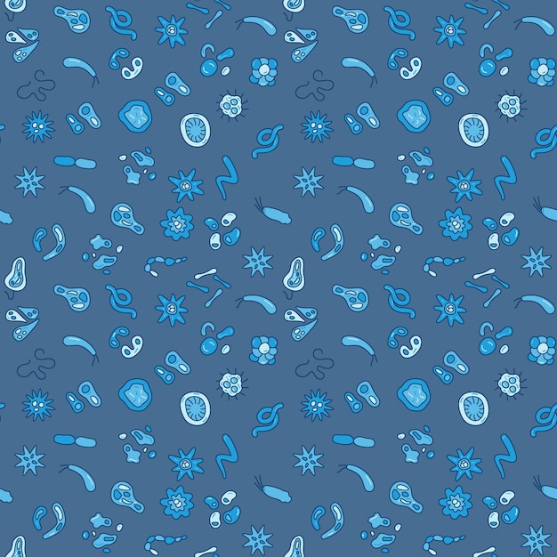 Bacteriën en microben vector gekleurd blauw concept naadloos patroon of achtergrond