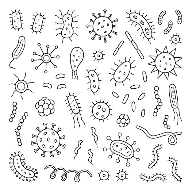 Vector bacteriën en virussen doodle set micro-organisme in schetsstijl