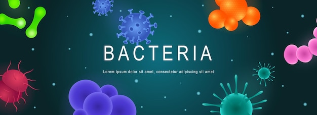 Bacteriën horizontale webbanner Microscopische virussen micro-organisme en microben in verschillende vormen en typen bacteriecellen Vector illustratie voor koptekst website omslagsjablonen in modern design