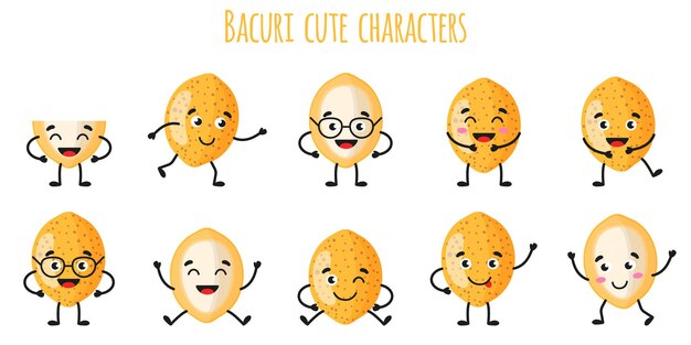 Bacuri fruit cute funny cheerful characters with different poses and emotions. Natural vitamin antioxidant detox food collection.   cartoon isolated illustration.