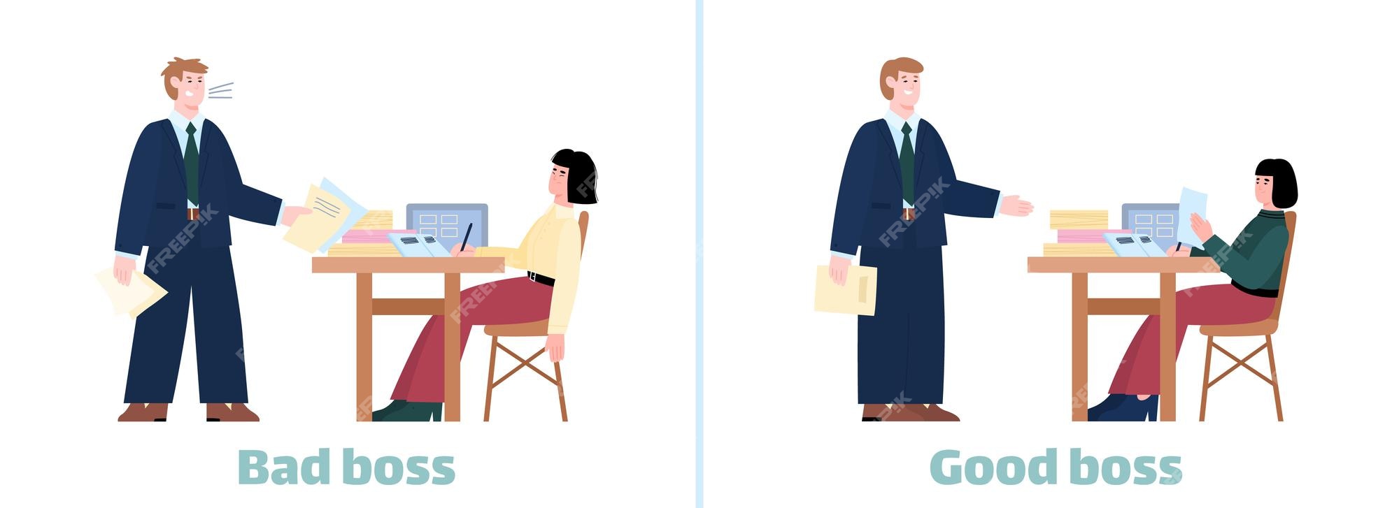 Premium Vector | Bad boss vs good boss infographic on work ethics flat illustration