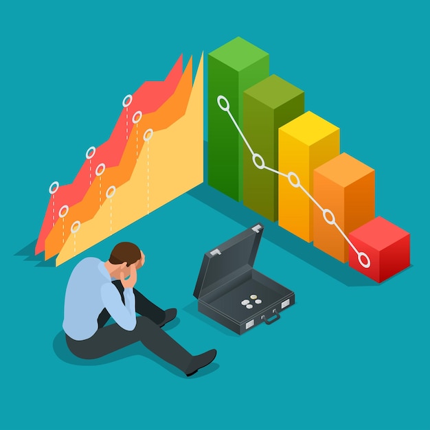 Vector bad businessman. not successful businessman. depressed businessman leaning his head below a bad stock market chart. flat 3d vector isometric illustration