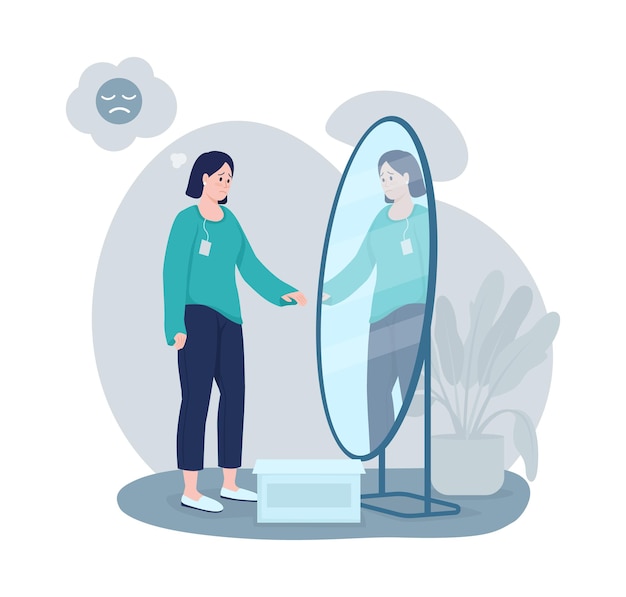 Bad clothing 2D vector isolated illustration. Looking in mirror on tight clothes. Upset man in bad outfit flat characters on cartoon background. Cons of online shopping colourful scene