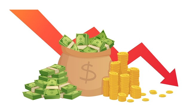 Cattivo grafico delle finanze. perdita di risparmi finanziari, programma di inflazione e perdita di denaro