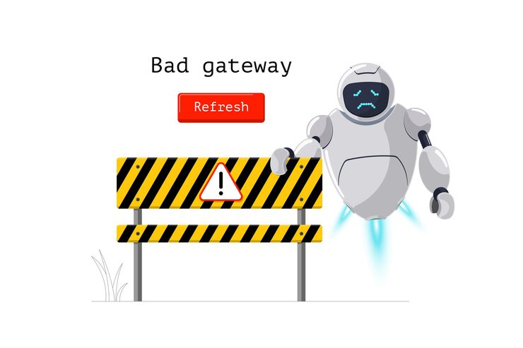 Vector bad gateway website page http error status code wrong internet result with oops worried robot