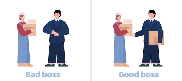 Bad and good boss  interaction worker and businessman a vector illustration