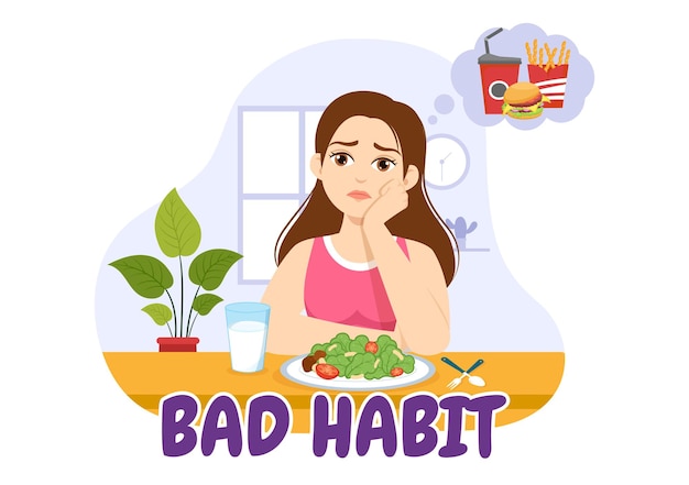 Vector bad habit vector illustration with unhealthy lifestyle like eating fast food or alcohol bottle