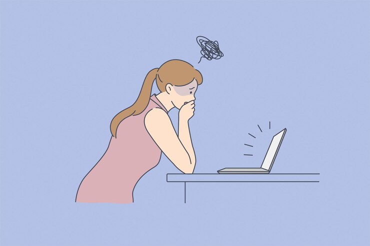 インターネットの概念からオンラインで悪いニュース。悪いニュースのベクトル図にショックを受けた手で唇を覆っているノートパソコンの画面を見て立っている若いストレスの多い女性