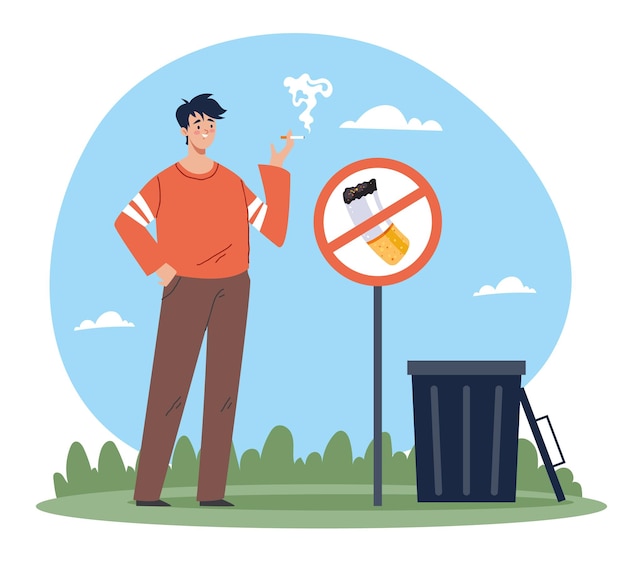 Bad people character smoking under sign no smoke flat cartoon illustration