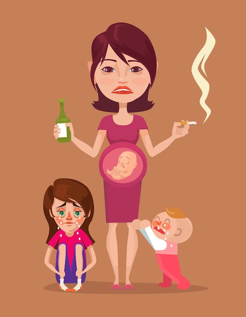 Bad pregnant drunk smoking mother with children characters. 