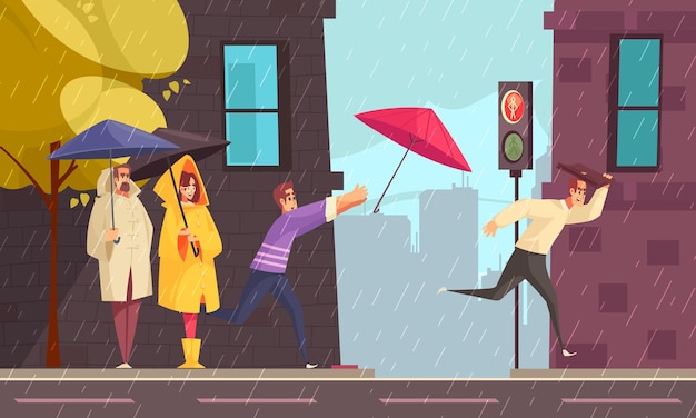 사거리에서 우산 아래 비옷을 입은 사람들과 평평한 도시의 비가 오는 날씨