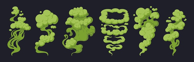 Bad smell clouds Toxic green dust clouds smoking stink cooking smell or toxic fumes flat vector illustration set Cartoon rotten smell clouds