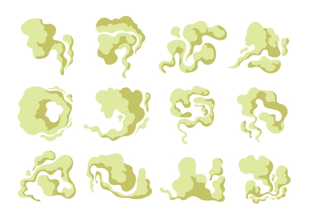 나쁜 냄새. 유독한 구름 냄새, 녹색 향기 연기 증기. 고립 된 냄새 썩은 음식이나 쓰레기, 방귀의 안개. 악취 연기 벡터 일러스트 레이 션. 효과 폭발 및 독성 향기, 나쁜 녹색 냄새