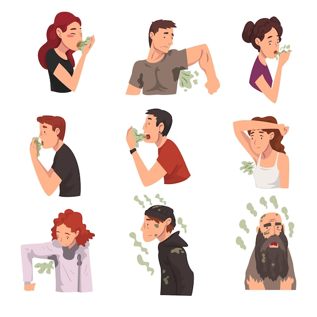 Vector bad smelling people collection men and women having having bad breath and personal hygiene problems vector illustration