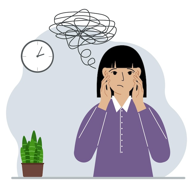 Vector bad thoughts concept a woman feels depressed with thoughts after negative events unhappy suffering sadness depression vector flat illustration