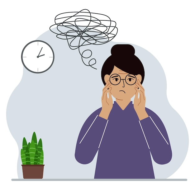 Vector bad thoughts concept a woman feels depressed with thoughts after negative events unhappy suffering sadness depression vector flat illustration