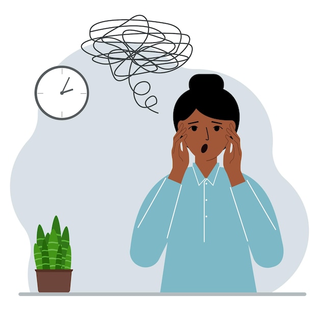 Bad thoughts concept A woman feels depressed with thoughts after negative events unhappy suffering sadness depression Vector flat illustration