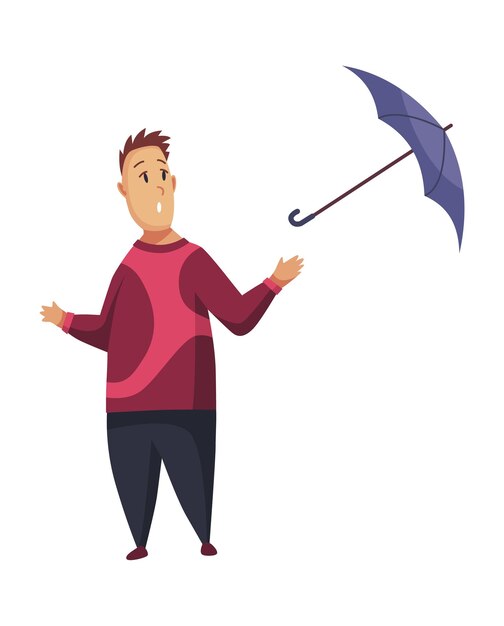 Bad windy rainy weather funny cartoon people icon