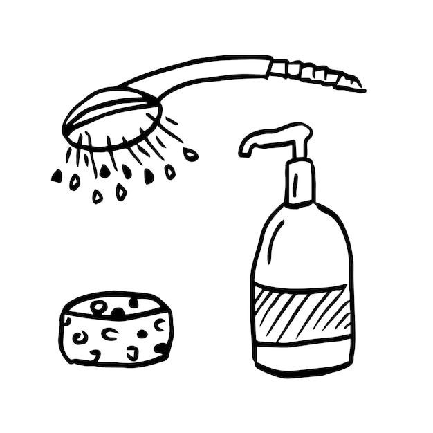 Vector badaccessoires set washandje zeep doodle illustratie
